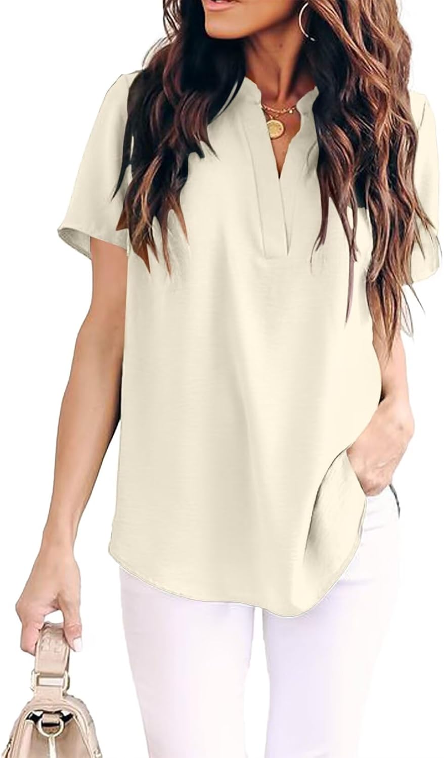 Allimy Women Summer Casual Split V Neckline Chiffon Blouses Loose Tunic Short Sleeve Tops