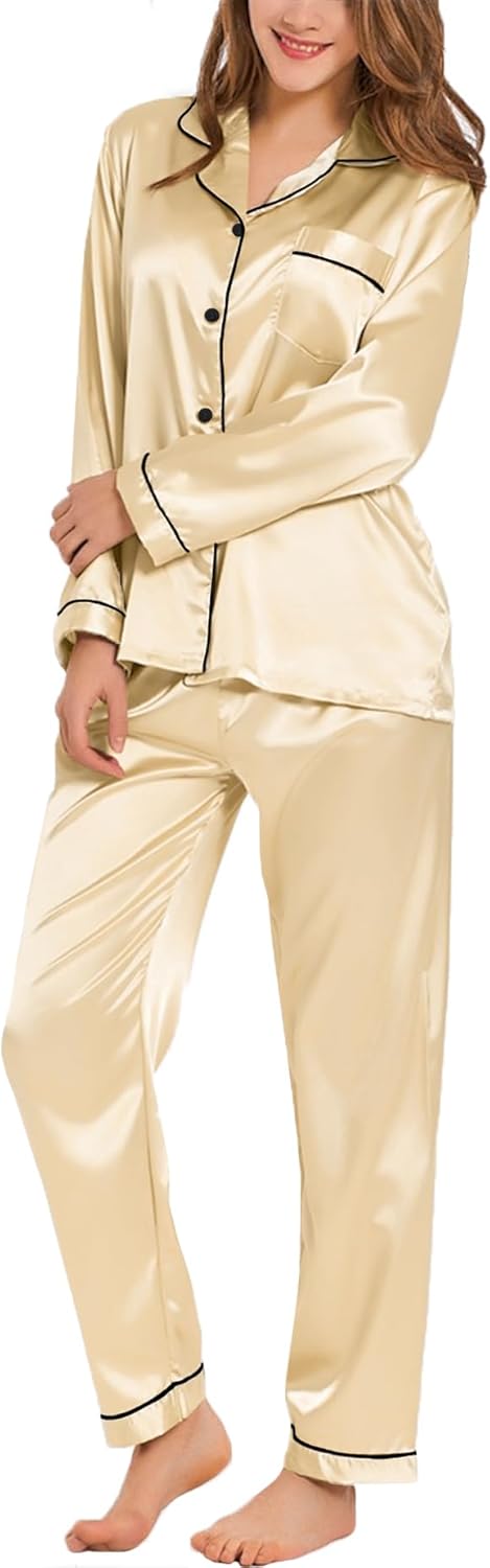 SWOMOG Womens Silk Satin Pajamas Set Long Sleeve Button Down Sleepwear 2 Piece Lounge Set Pj Set XS-3XL