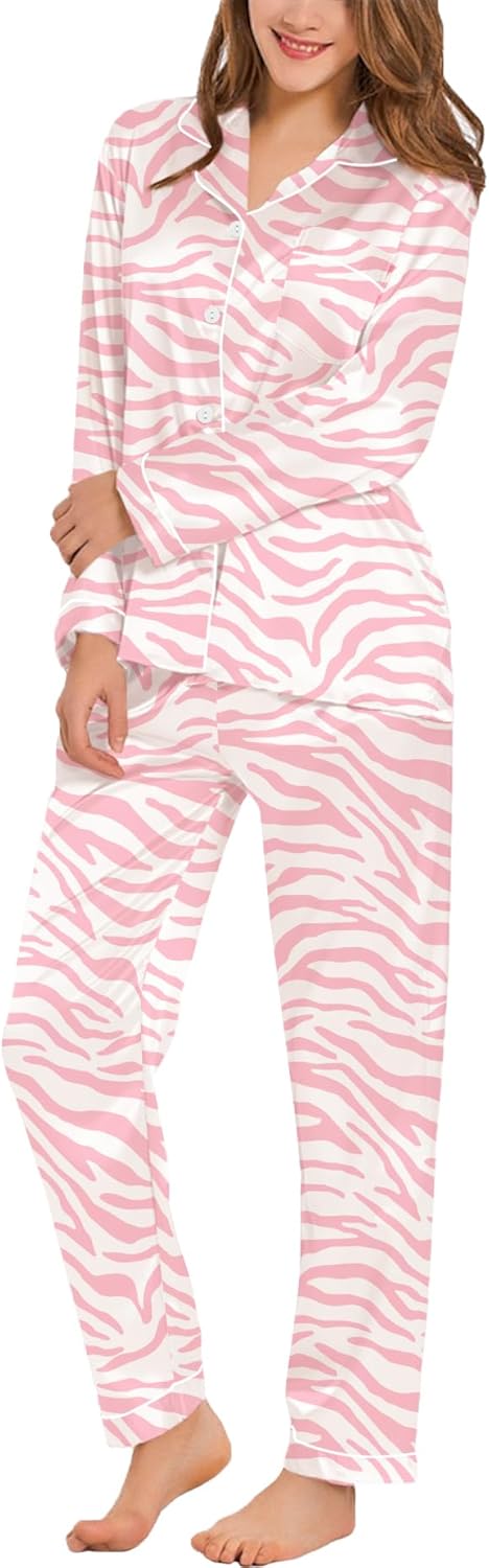 SWOMOG Womens Silk Satin Pajamas Set Long Sleeve Button Down Sleepwear 2 Piece Lounge Set Pj Set XS-3XL