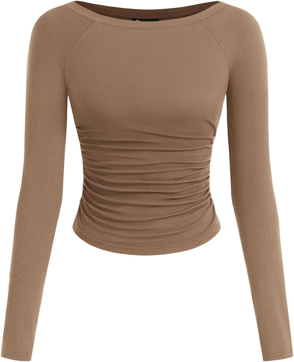 PRETTYGARDEN Long Sleeve Shirts for Women 2025 Fall Ruched Sides Boat Neck Basic Tee Casual Fitted Ribbed Knit Crop Tops