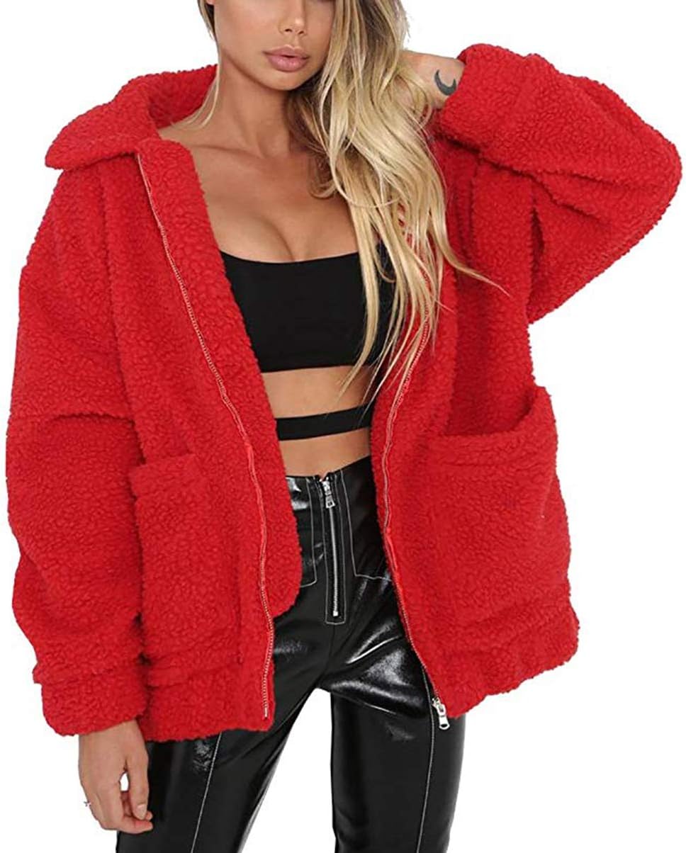 Comeon Women's Coat Casual Lapel Fleece Fuzzy Faux Shearling Zipper Coats Warm Winter Oversized Outwear Jackets