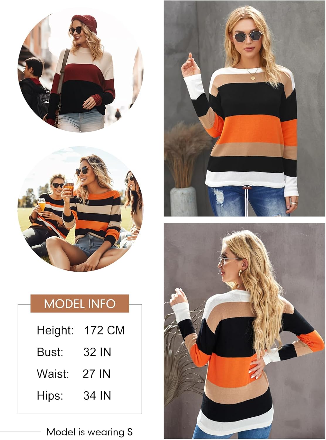 Dokotoo Womens Sweaters Striped Fall Winter Outfits 2025 Crewneck Drawstring Color Block Fashion Clothing
