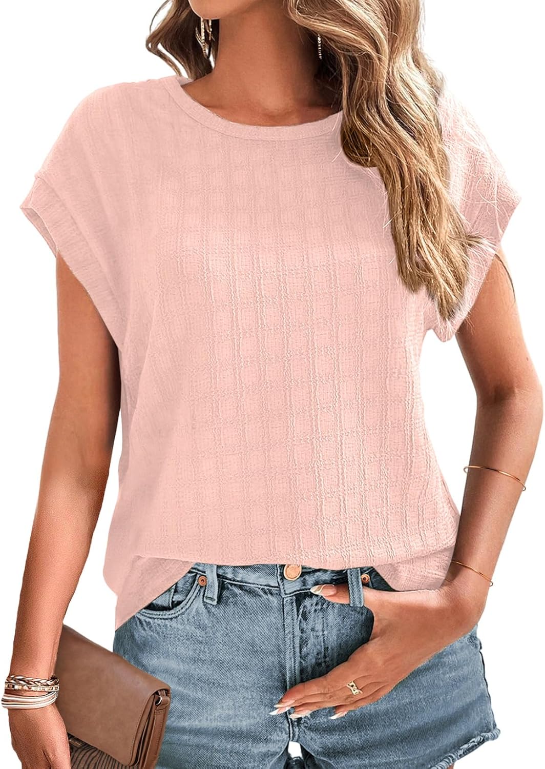 Dokotoo Womens Blouses Summer Casual Cap Short Sleeve Tops Basic Textured Solid Color Round Neck T Shirts Blouse