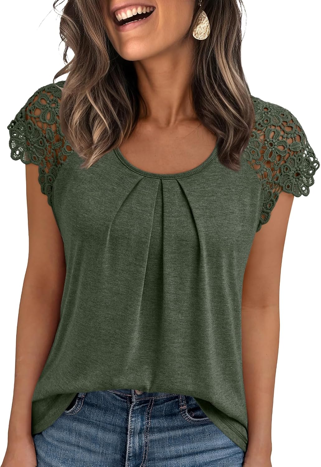 AUTOMET Womens Lace Tops Pleated Short Sleeve Shirts Summer Business Casual Dressy Blouses