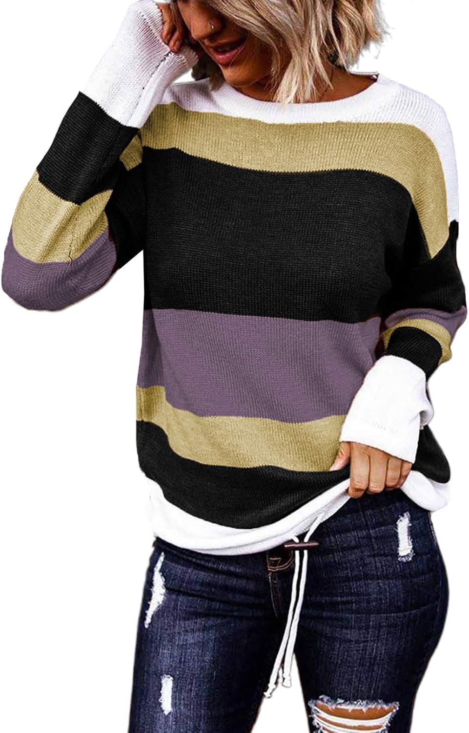 Dokotoo Womens Sweaters Striped Fall Winter Outfits 2025 Crewneck Drawstring Color Block Fashion Clothing