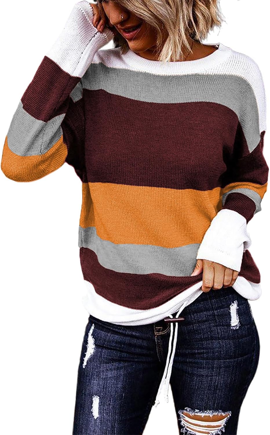 Dokotoo Womens Sweaters Striped Fall Winter Outfits 2025 Crewneck Drawstring Color Block Fashion Clothing