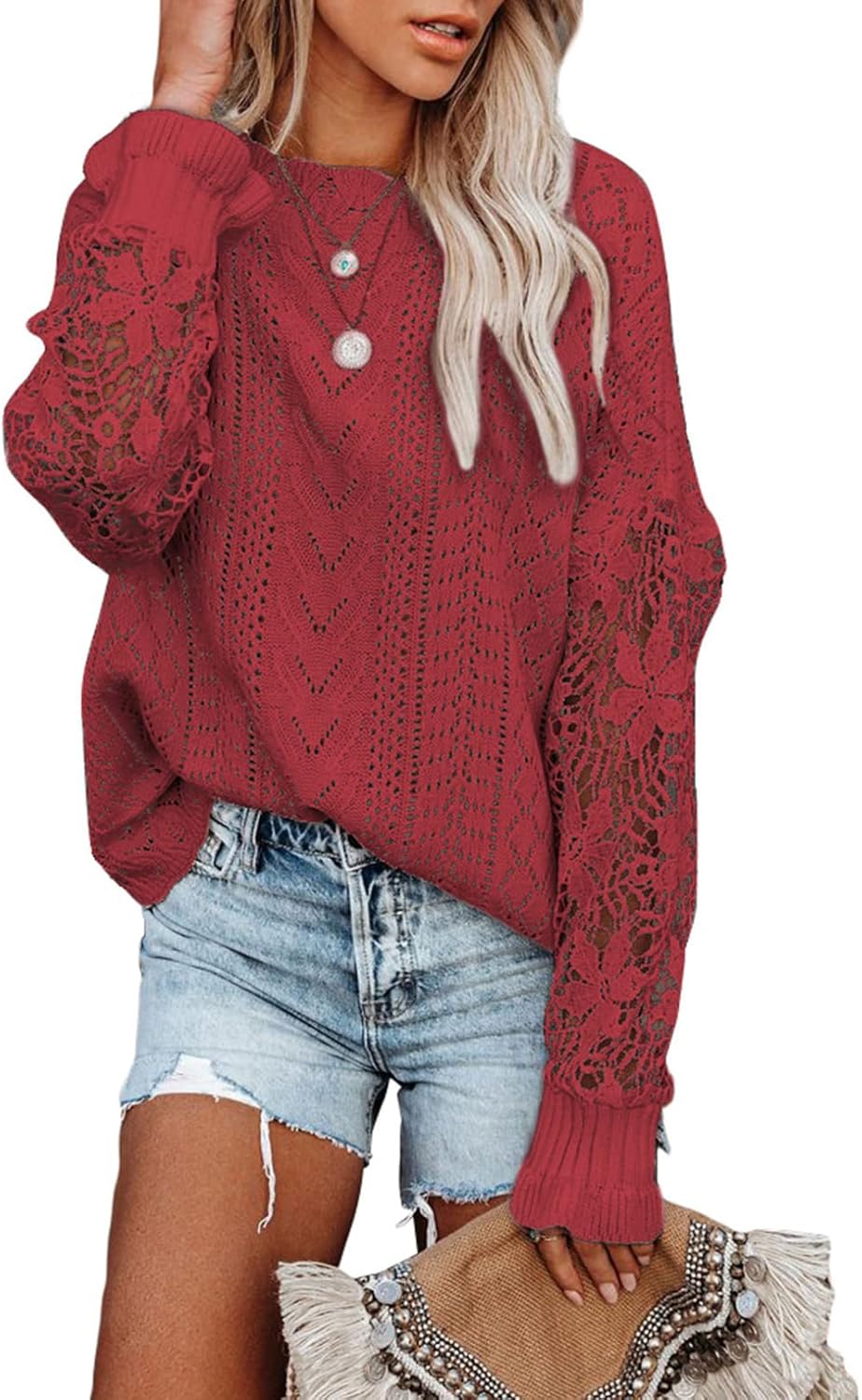 Dokotoo Womens Crewneck Crochet Lace Long Sleeve Hollow Out Cable Knit Sweaters Pullover Tops