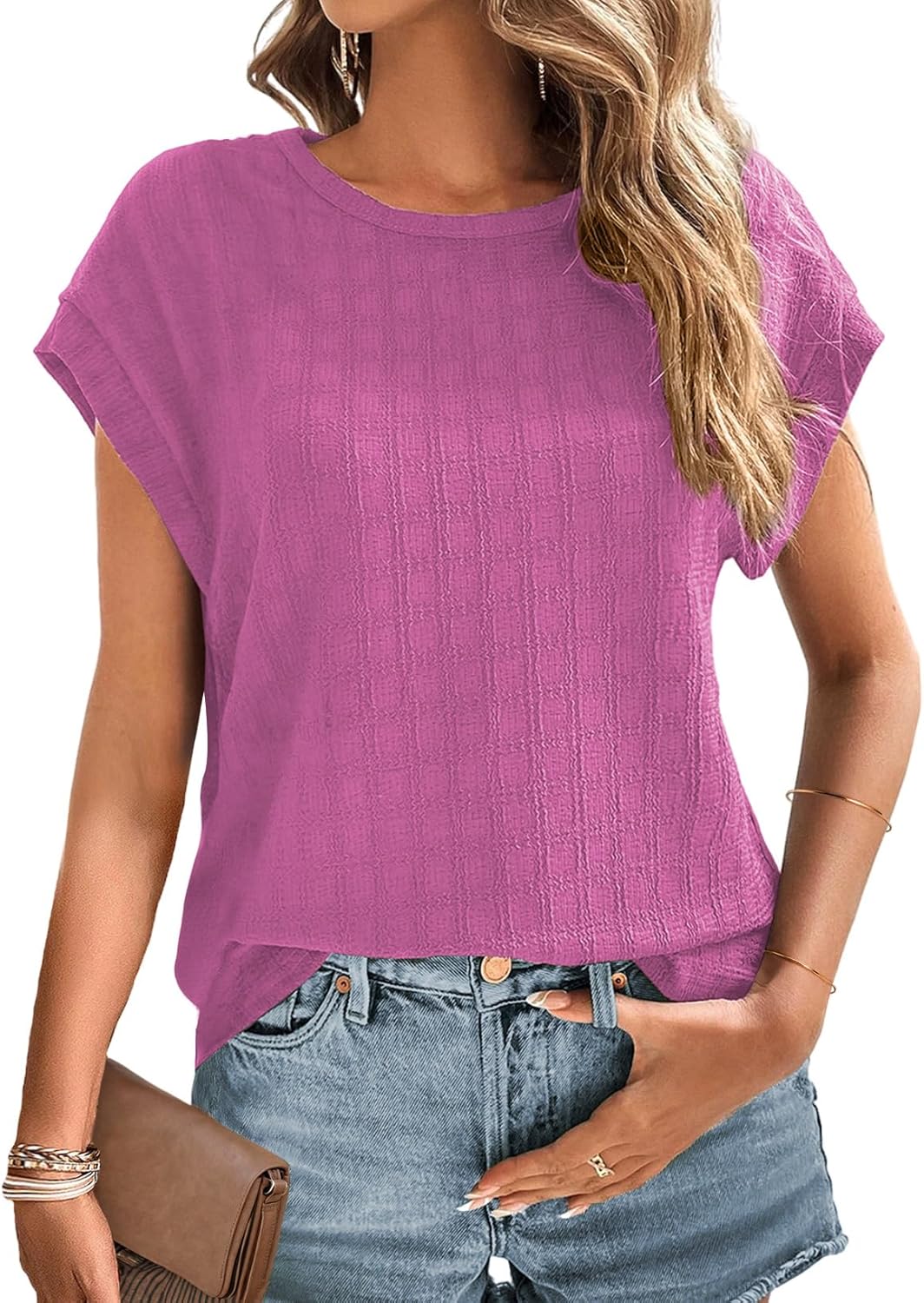 Dokotoo Womens Blouses Summer Casual Cap Short Sleeve Tops Basic Textured Solid Color Round Neck T Shirts Blouse