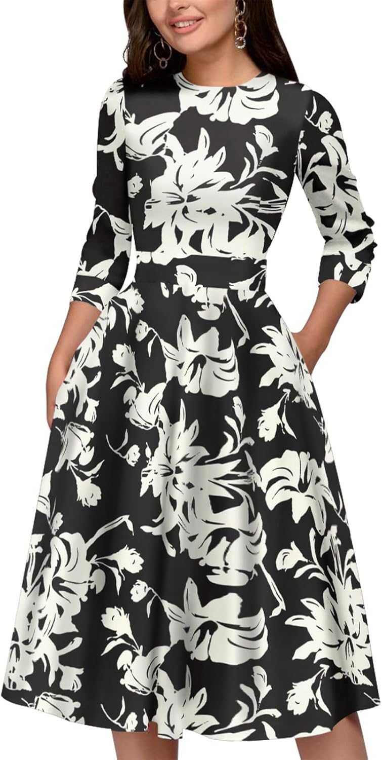 Simple Flavor Women's Floral Vintage Dress Elegant Midi Evening Dress 3/4 Sleeves