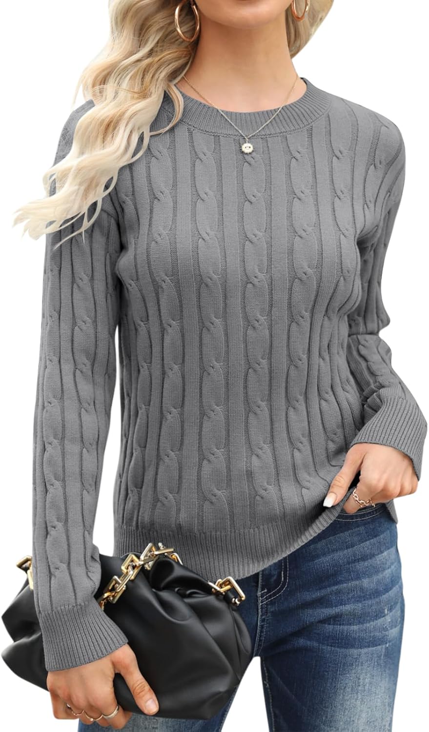 Esobo Women's Classic-fit Lightweight Cable Long Sleeve Mockneck Loose Casual Sweater Jumpers