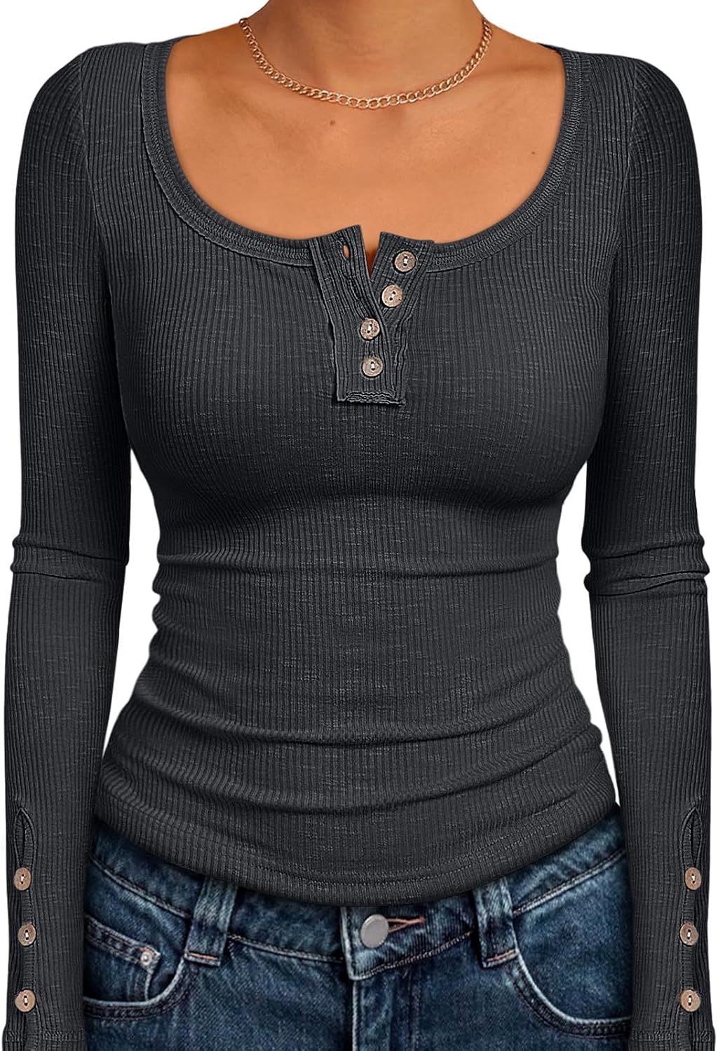 Kissfix Womens Long Sleeve Shirts Fall Clothes Henley Tops Business Casual Ribbed Blouses Fashion Trendy Outfits 2025