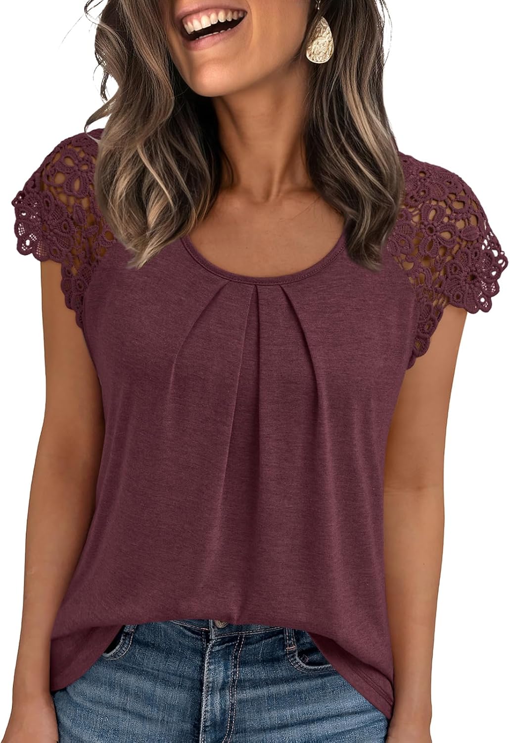 AUTOMET Womens Lace Tops Pleated Short Sleeve Shirts Summer Business Casual Dressy Blouses