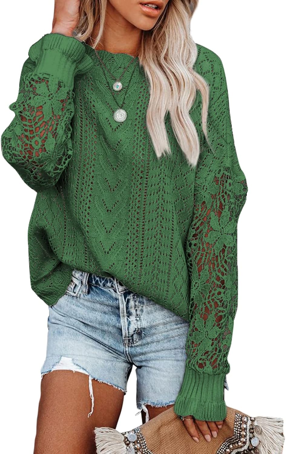 Dokotoo Womens Crewneck Crochet Lace Long Sleeve Hollow Out Cable Knit Sweaters Pullover Tops