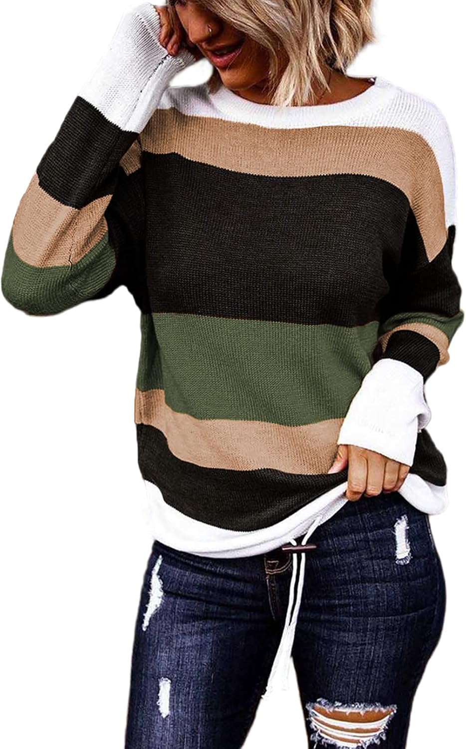 Dokotoo Womens Sweaters Striped Fall Winter Outfits 2025 Crewneck Drawstring Color Block Fashion Clothing