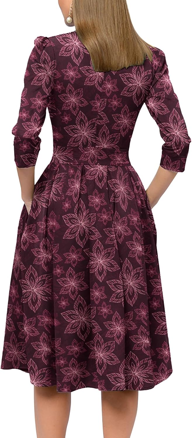 Simple Flavor Women's Floral Vintage Dress Elegant Midi Evening Dress 3/4 Sleeves