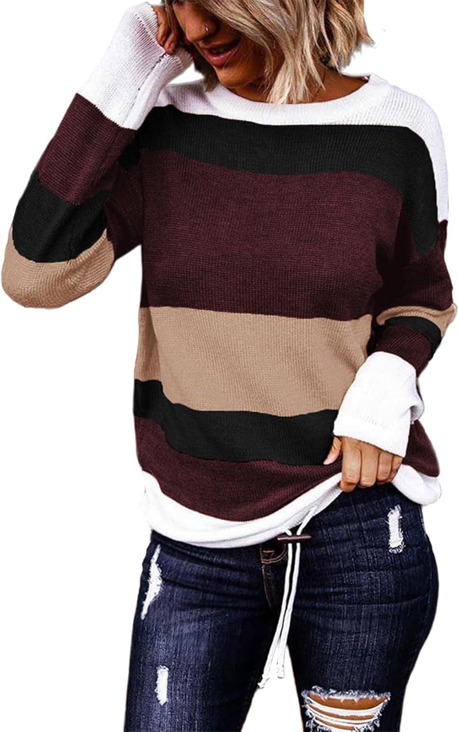 Dokotoo Womens Sweaters Striped Fall Winter Outfits 2025 Crewneck Drawstring Color Block Fashion Clothing