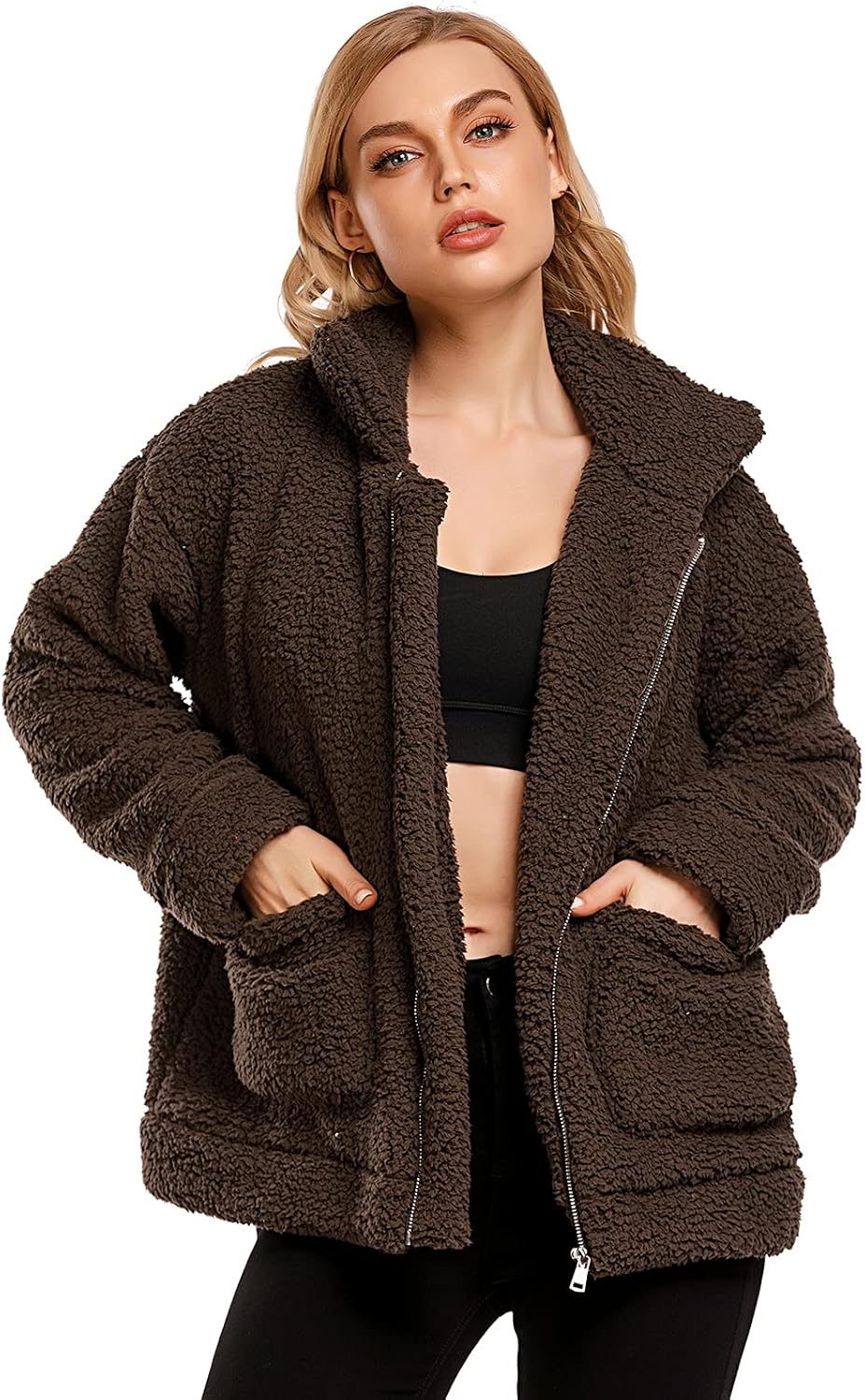 Comeon Women's Coat Casual Lapel Fleece Fuzzy Faux Shearling Zipper Coats Warm Winter Oversized Outwear Jackets