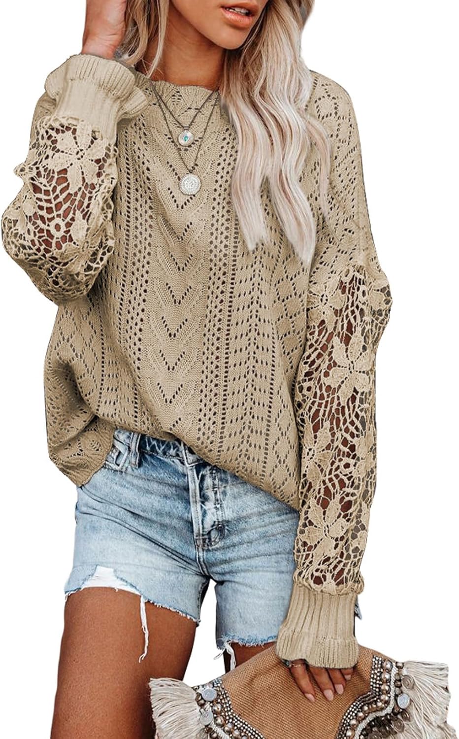 Dokotoo Womens Crewneck Crochet Lace Long Sleeve Hollow Out Cable Knit Sweaters Pullover Tops