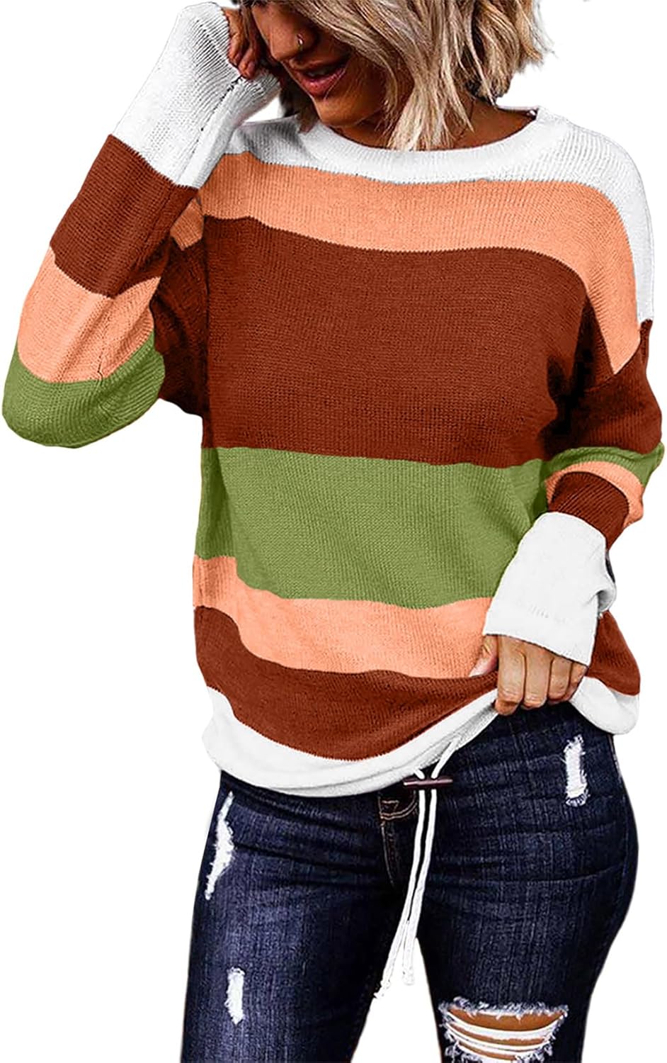 Dokotoo Womens Sweaters Striped Fall Winter Outfits 2025 Crewneck Drawstring Color Block Fashion Clothing