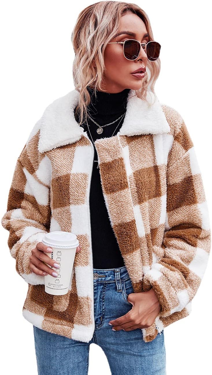 Comeon Women's Coat Casual Lapel Fleece Fuzzy Faux Shearling Zipper Coats Warm Winter Oversized Outwear Jackets