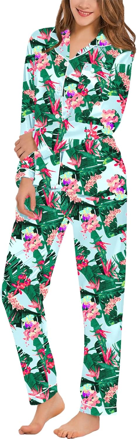SWOMOG Womens Silk Satin Pajamas Set Long Sleeve Button Down Sleepwear 2 Piece Lounge Set Pj Set XS-3XL