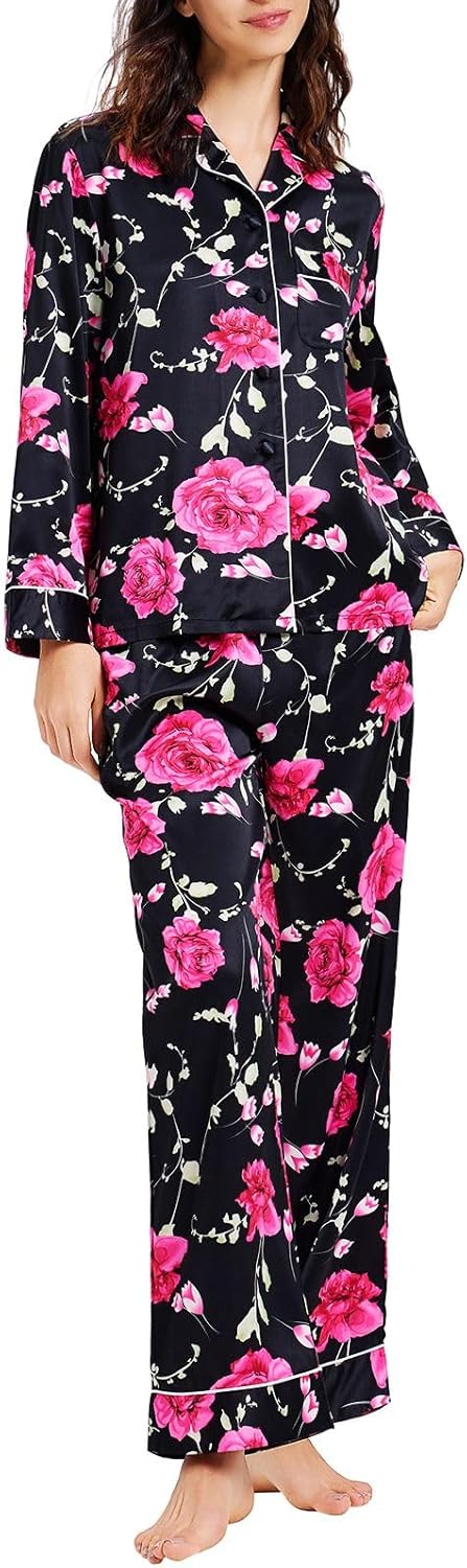 Lonxu Silk Satin Womens Pajama Sets Button Down Sleepwear Loungewear XS~3XL