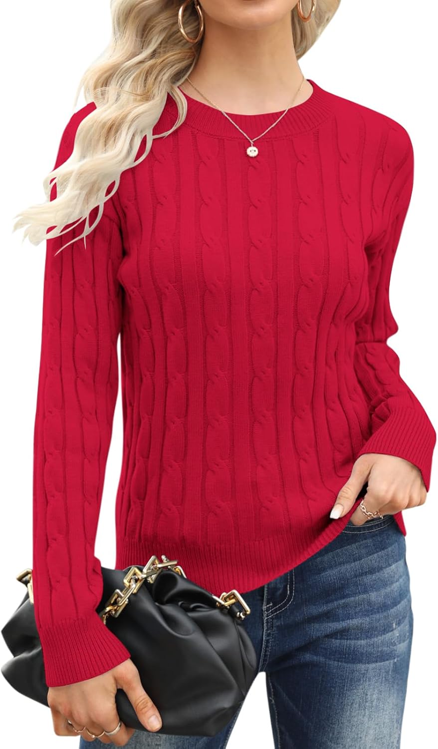 Esobo Women's Classic-fit Lightweight Cable Long Sleeve Mockneck Loose Casual Sweater Jumpers