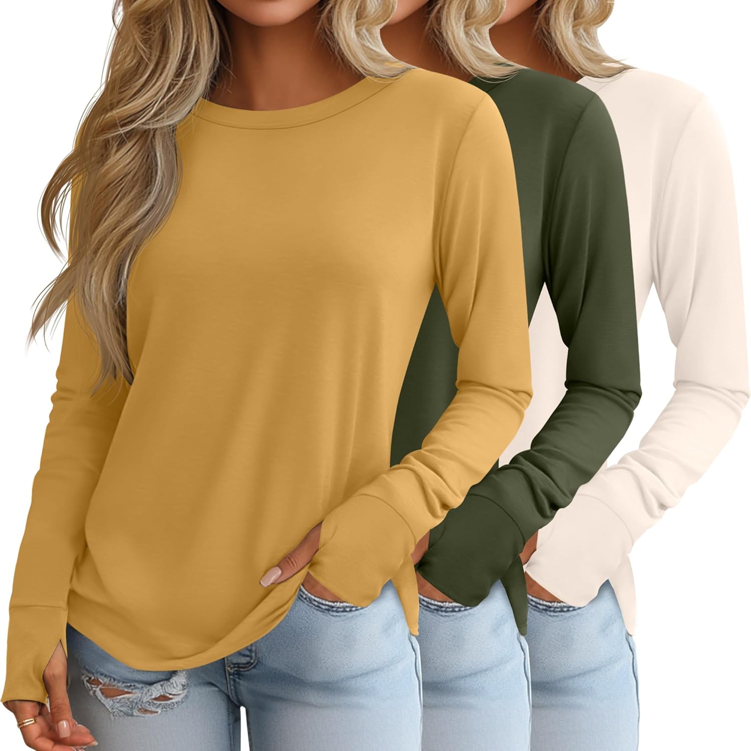 Huukeay 3 Pack Women's Long Sleeve Shirts with Thumb Holes, Cotton Casual Crew Neck Tunic Tops Fall Loose Y2k Trendy Outfits