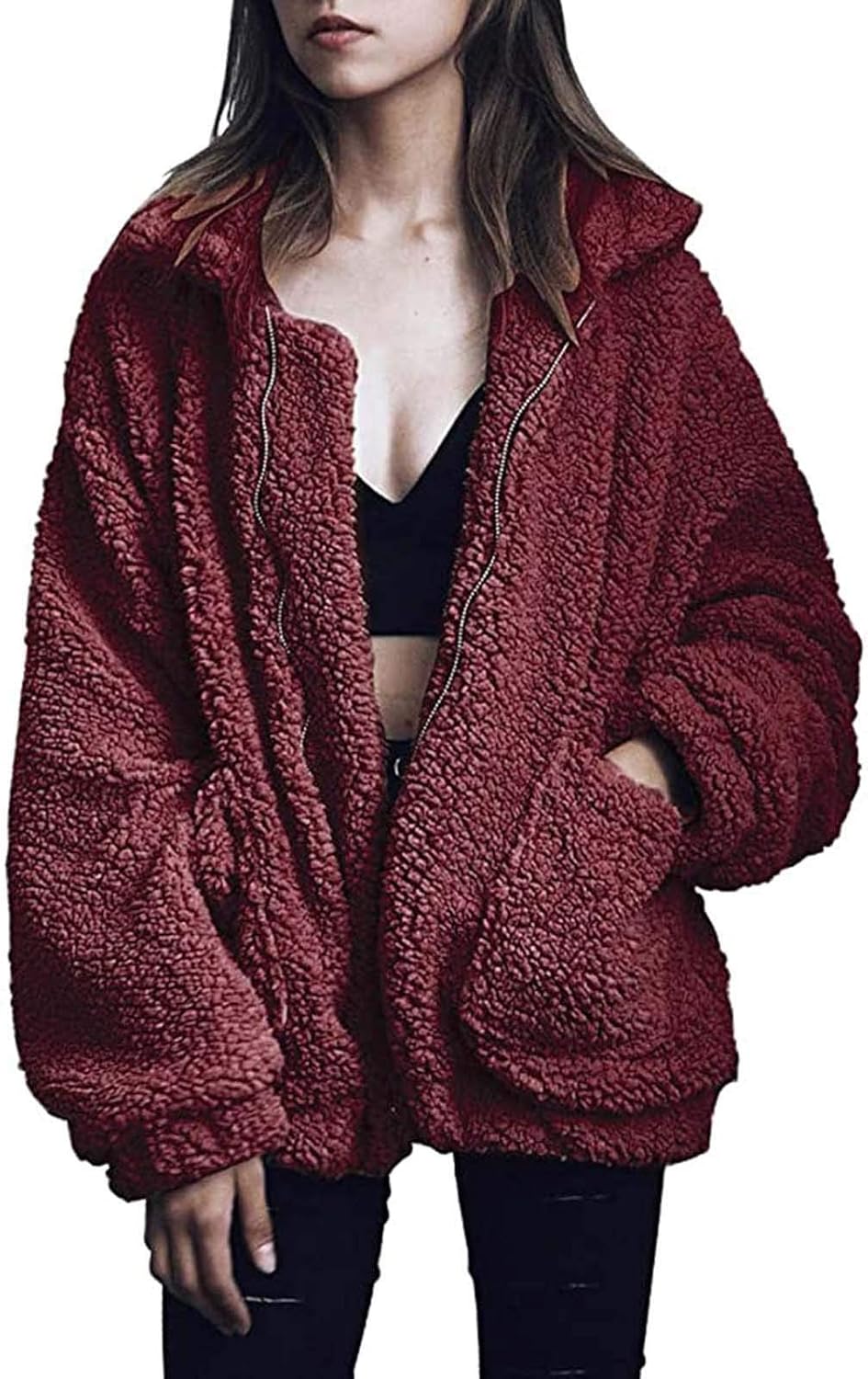 Comeon Women's Coat Casual Lapel Fleece Fuzzy Faux Shearling Zipper Coats Warm Winter Oversized Outwear Jackets