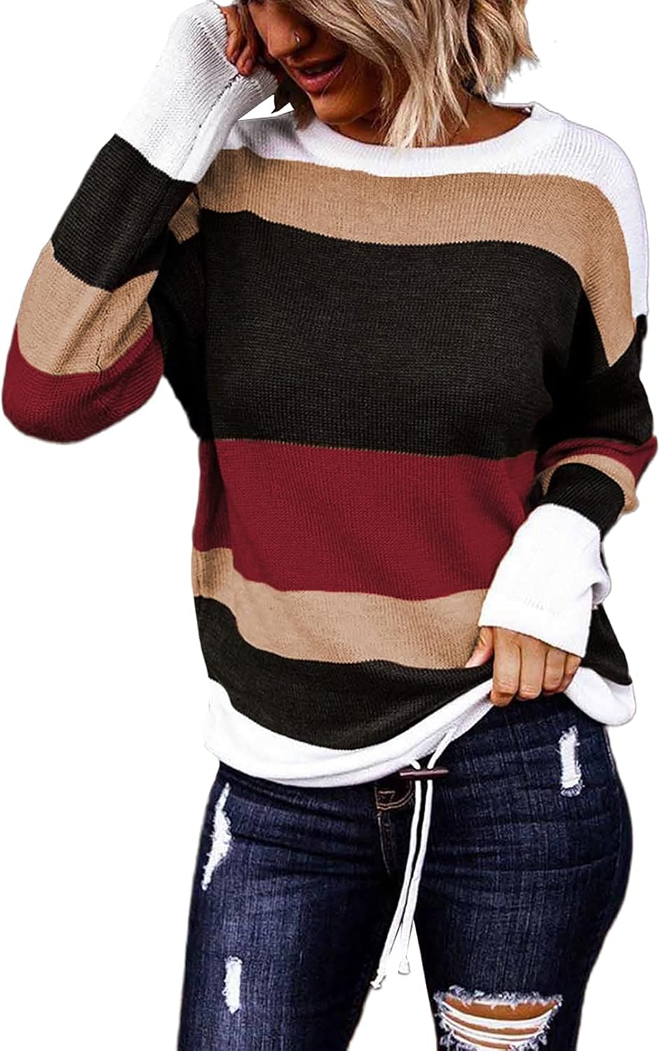 Dokotoo Womens Sweaters Striped Fall Winter Outfits 2025 Crewneck Drawstring Color Block Fashion Clothing