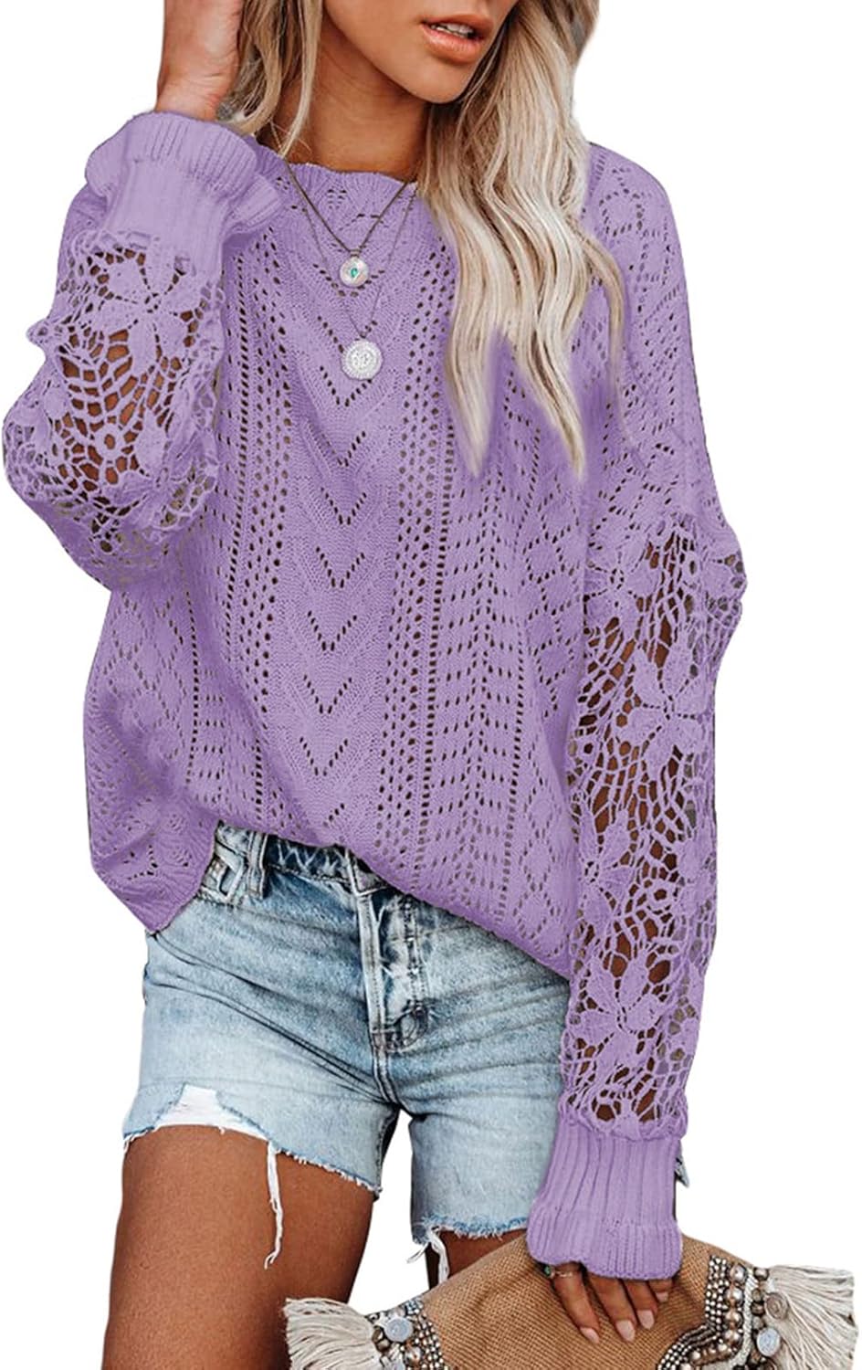 Dokotoo Womens Crewneck Crochet Lace Long Sleeve Hollow Out Cable Knit Sweaters Pullover Tops