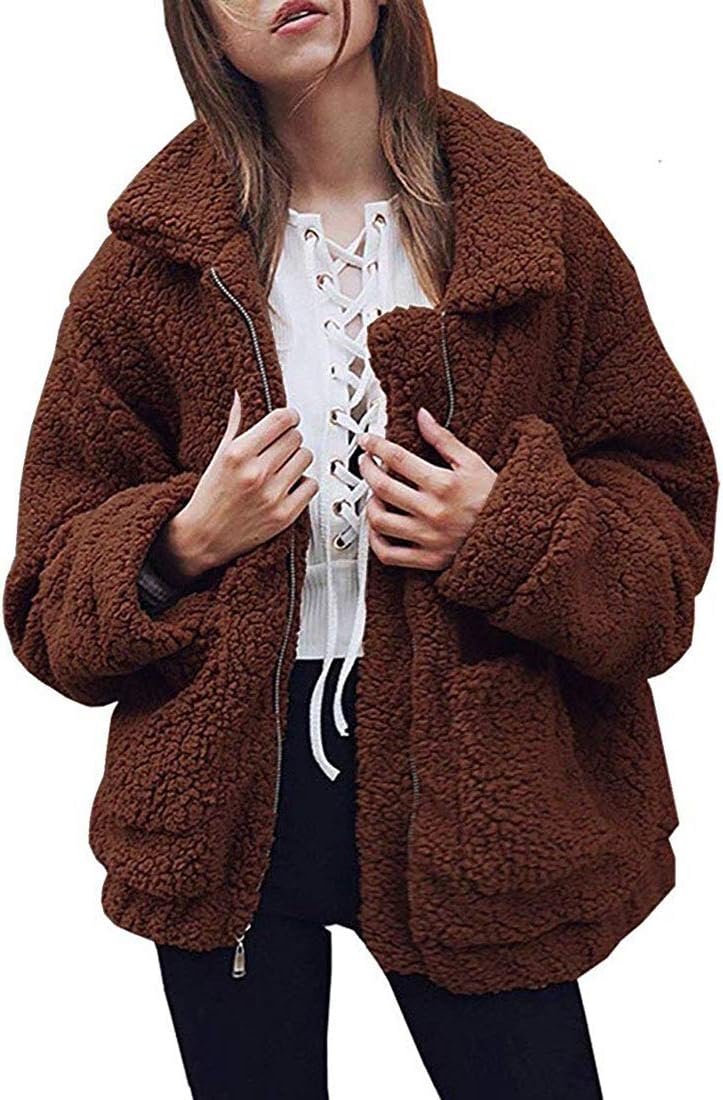 Comeon Women's Coat Casual Lapel Fleece Fuzzy Faux Shearling Zipper Coats Warm Winter Oversized Outwear Jackets