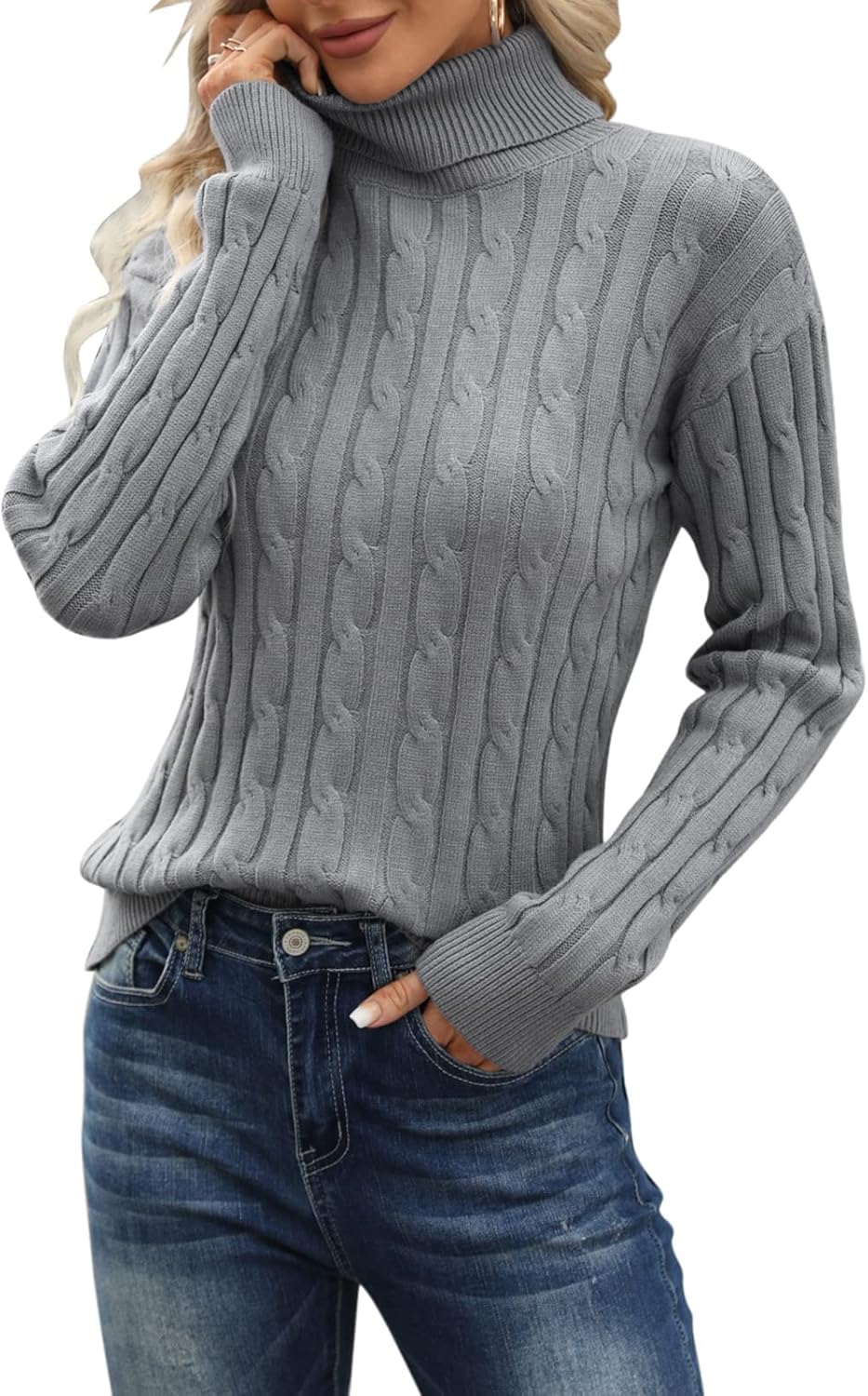 Esobo Women's Classic-fit Lightweight Cable Long Sleeve Mockneck Loose Casual Sweater Jumpers