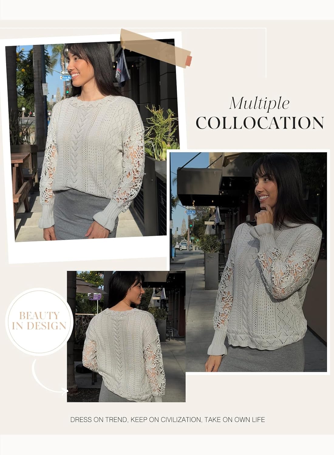 Dokotoo Womens Crewneck Crochet Lace Long Sleeve Hollow Out Cable Knit Sweaters Pullover Tops