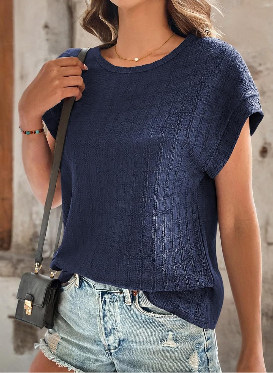 Dokotoo Womens Blouses Summer Casual Cap Short Sleeve Tops Basic Textured Solid Color Round Neck T Shirts Blouse