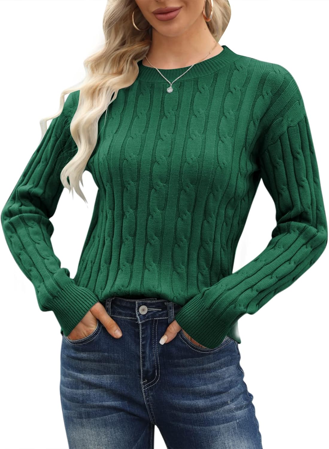 Esobo Women's Classic-fit Lightweight Cable Long Sleeve Mockneck Loose Casual Sweater Jumpers