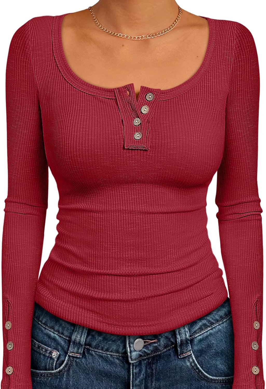Kissfix Womens Long Sleeve Shirts Fall Clothes Henley Tops Business Casual Ribbed Blouses Fashion Trendy Outfits 2025