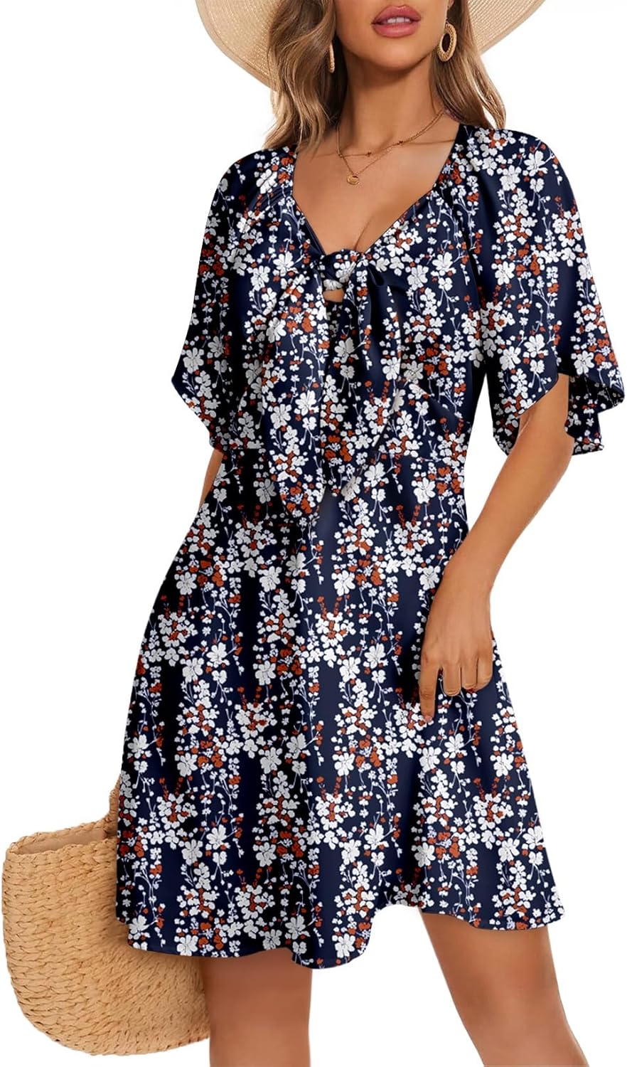 Dokotoo Womens Dresses 2025 Summer Fall Deep V Neck Elegant Bow tie Mini Dress S-XL