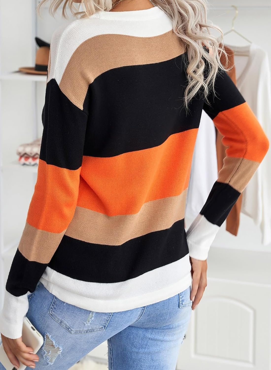 Dokotoo Womens Sweaters Striped Fall Winter Outfits 2025 Crewneck Drawstring Color Block Fashion Clothing
