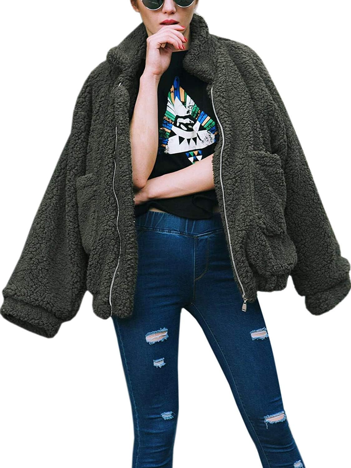 Comeon Women's Coat Casual Lapel Fleece Fuzzy Faux Shearling Zipper Coats Warm Winter Oversized Outwear Jackets
