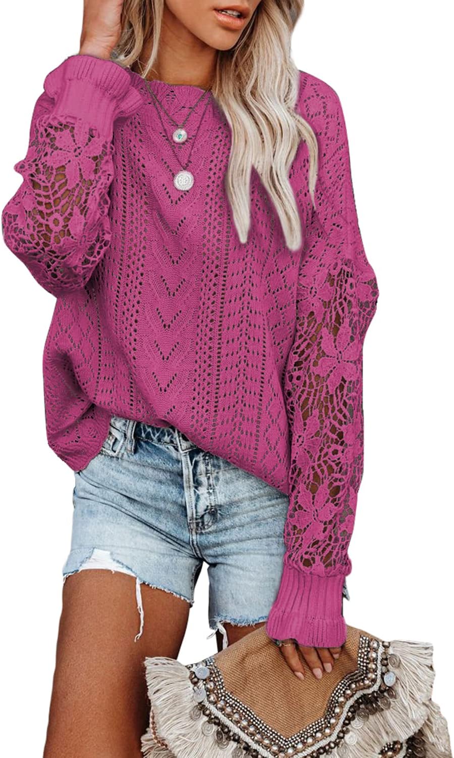 Dokotoo Womens Crewneck Crochet Lace Long Sleeve Hollow Out Cable Knit Sweaters Pullover Tops