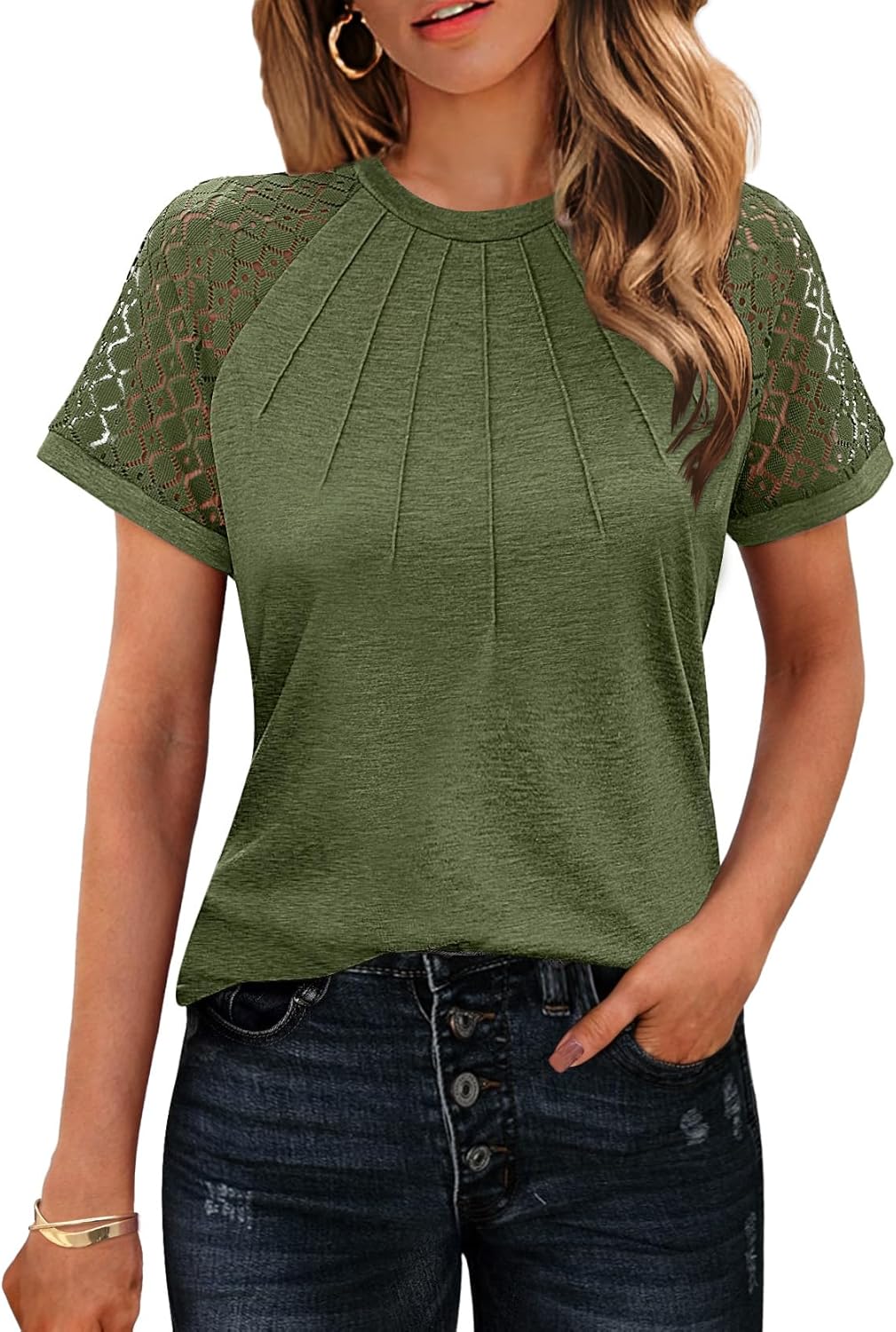 HOTOUCH Womens Lace Short/Long Sleeve Tops Fall Dressy Casual Blouses Business Work Shirts Fashion Clothe Trendy Outfits