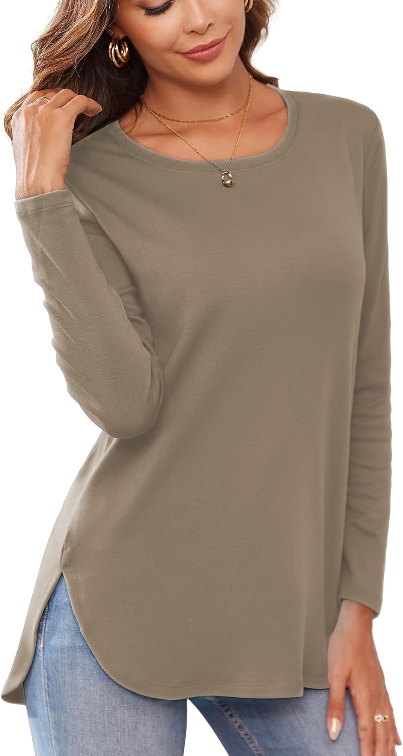 Herou Women's Casual Long Sleeve T Shirt Crewneck With Side Split Fall Pullover Loose Tunic Sweater Tops