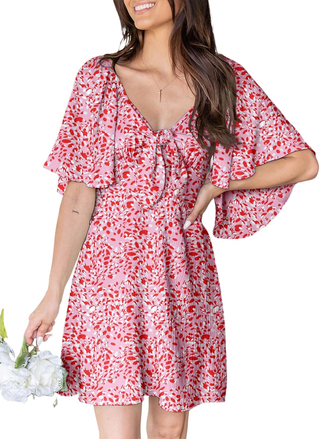 Dokotoo Womens Dresses 2025 Summer Fall Deep V Neck Elegant Bow tie Mini Dress S-XL