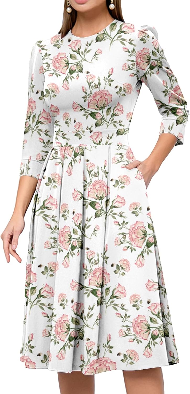 Simple Flavor Women's Floral Vintage Dress Elegant Midi Evening Dress 3/4 Sleeves