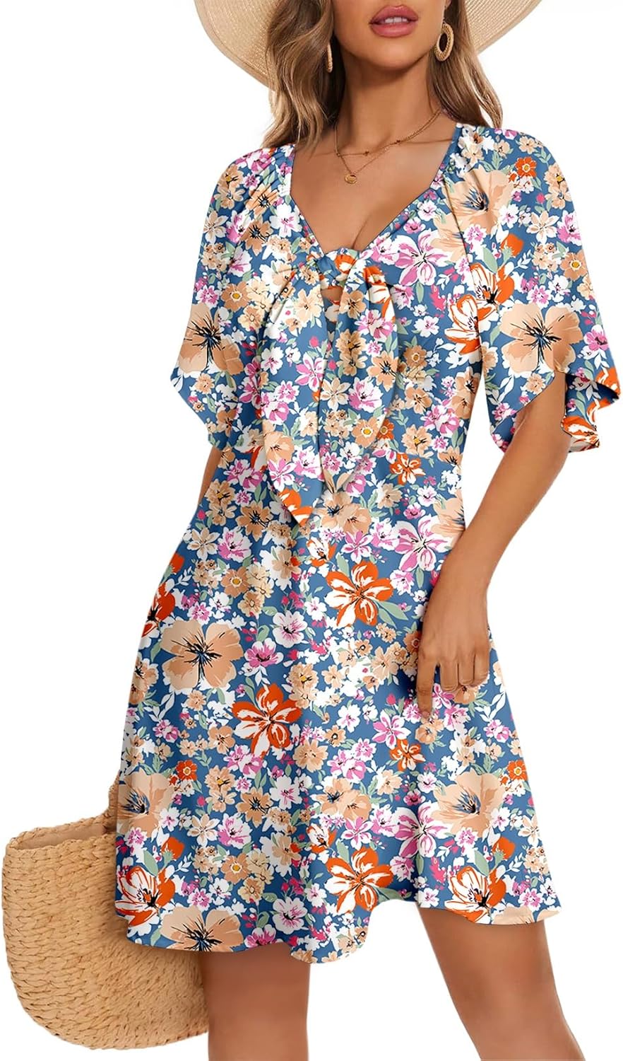 Dokotoo Womens Dresses 2025 Summer Fall Deep V Neck Elegant Bow tie Mini Dress S-XL