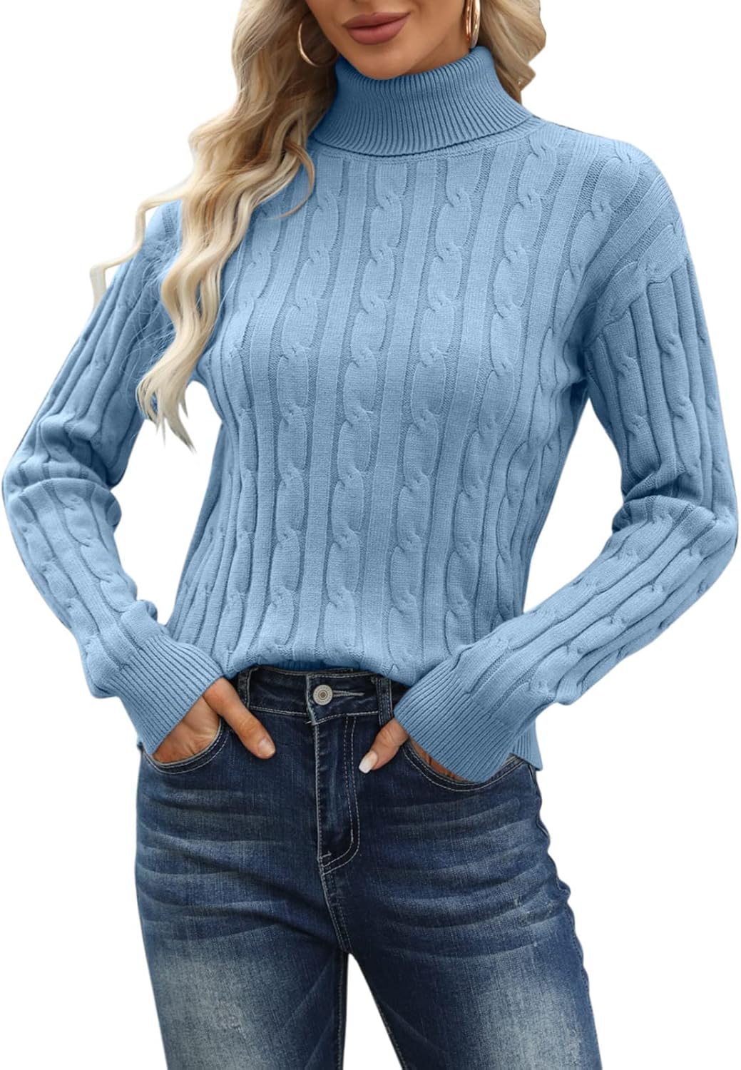 Esobo Women's Classic-fit Lightweight Cable Long Sleeve Mockneck Loose Casual Sweater Jumpers