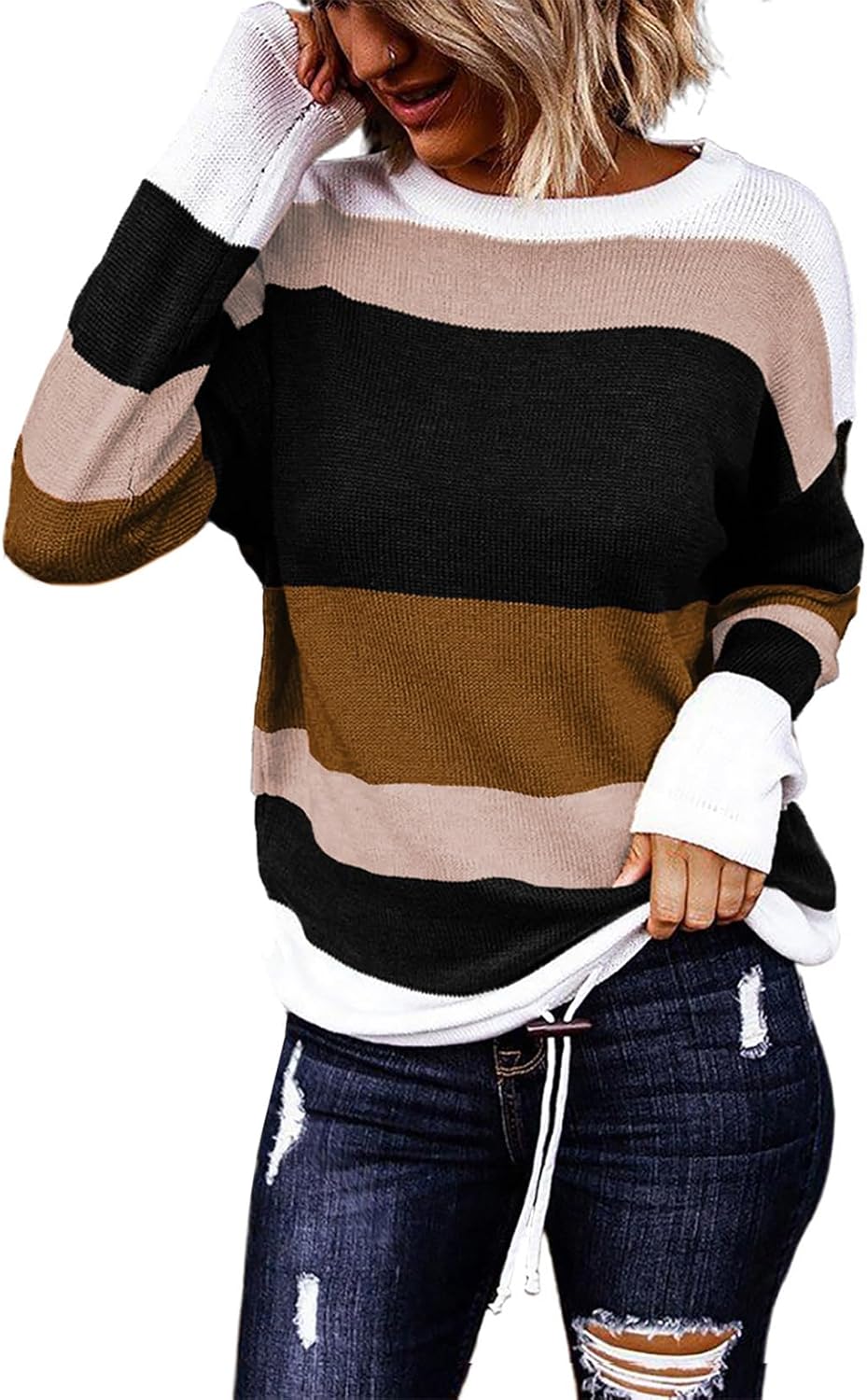 Dokotoo Womens Sweaters Striped Fall Winter Outfits 2025 Crewneck Drawstring Color Block Fashion Clothing
