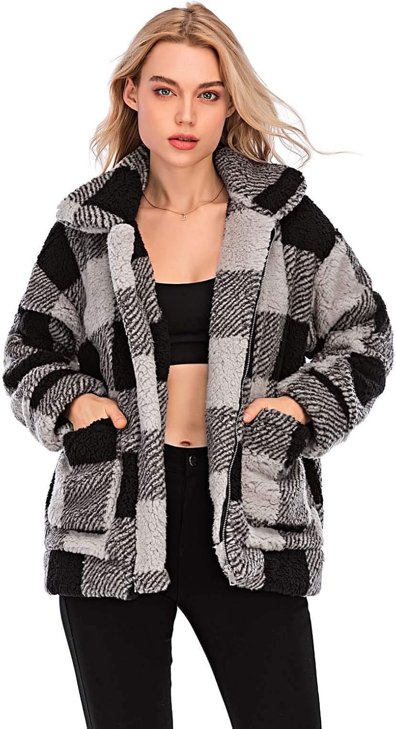 Comeon Women's Coat Casual Lapel Fleece Fuzzy Faux Shearling Zipper Coats Warm Winter Oversized Outwear Jackets
