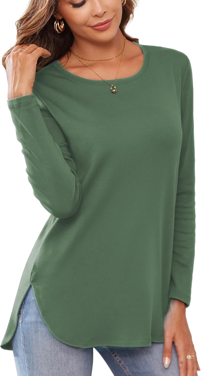 Herou Women's Casual Long Sleeve T Shirt Crewneck With Side Split Fall Pullover Loose Tunic Sweater Tops